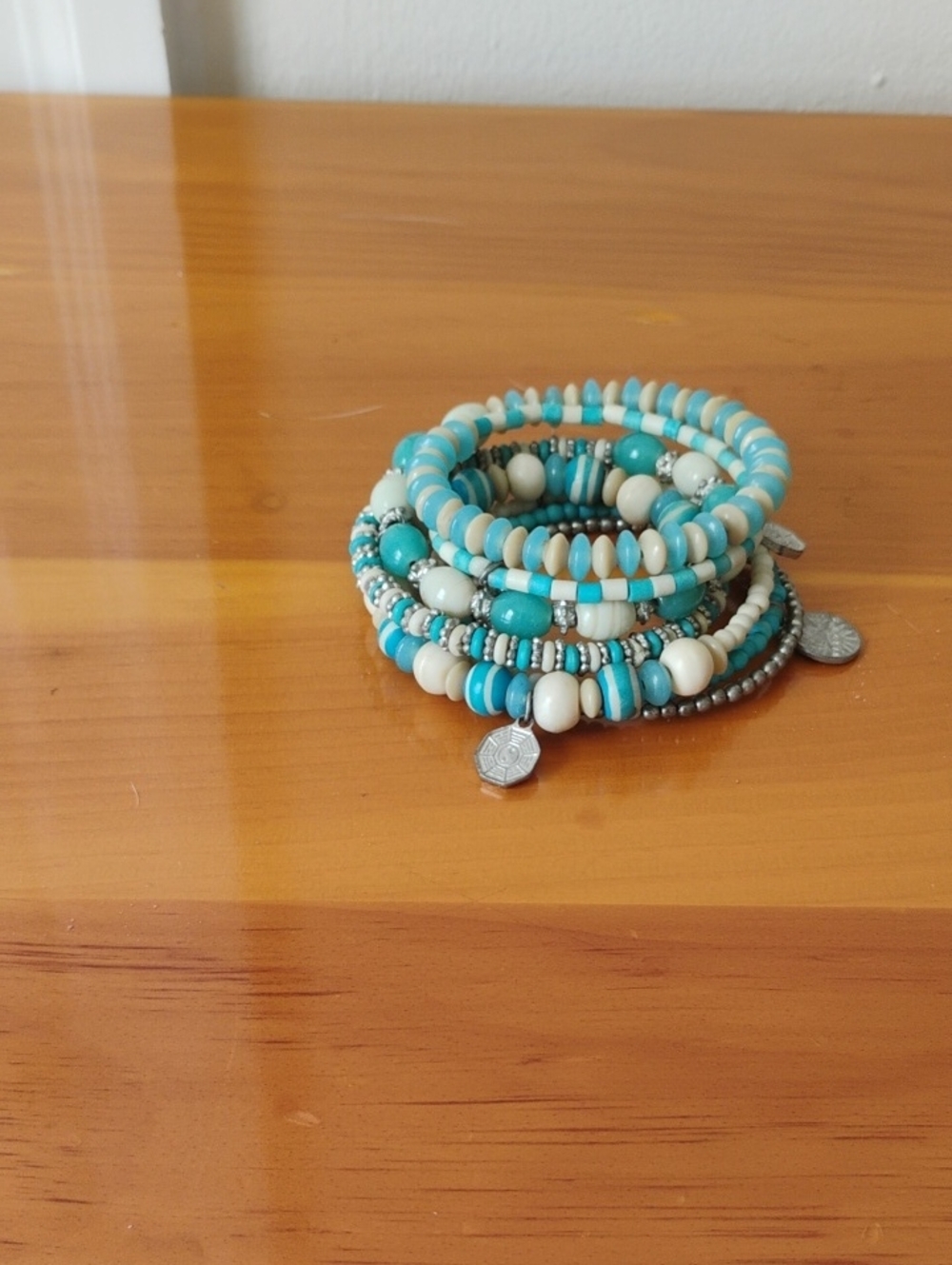 Turquoise & Cream Beaded Coil Bracelet Set - Women Jewelry